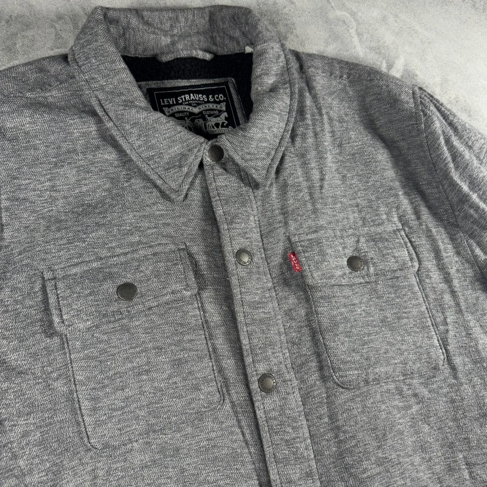 Levis Mens‎ Sherpa Lined Shirt Jacket Grey Snap Front Workwear Shacket Large
